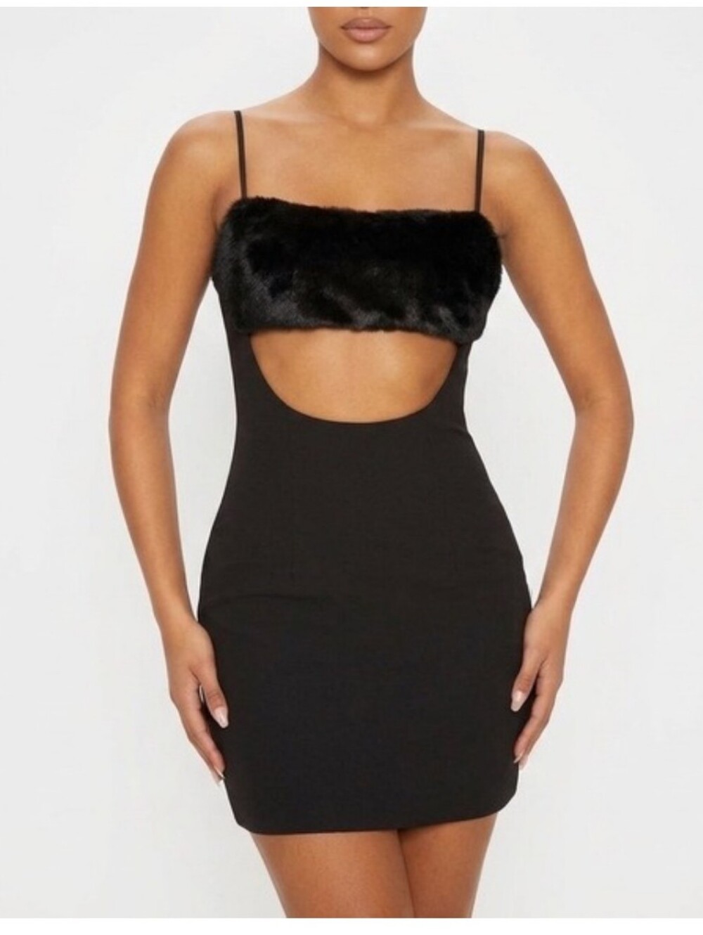 Naked Wardrobe Black Faux Fur Trim Mini Dress Sz M New